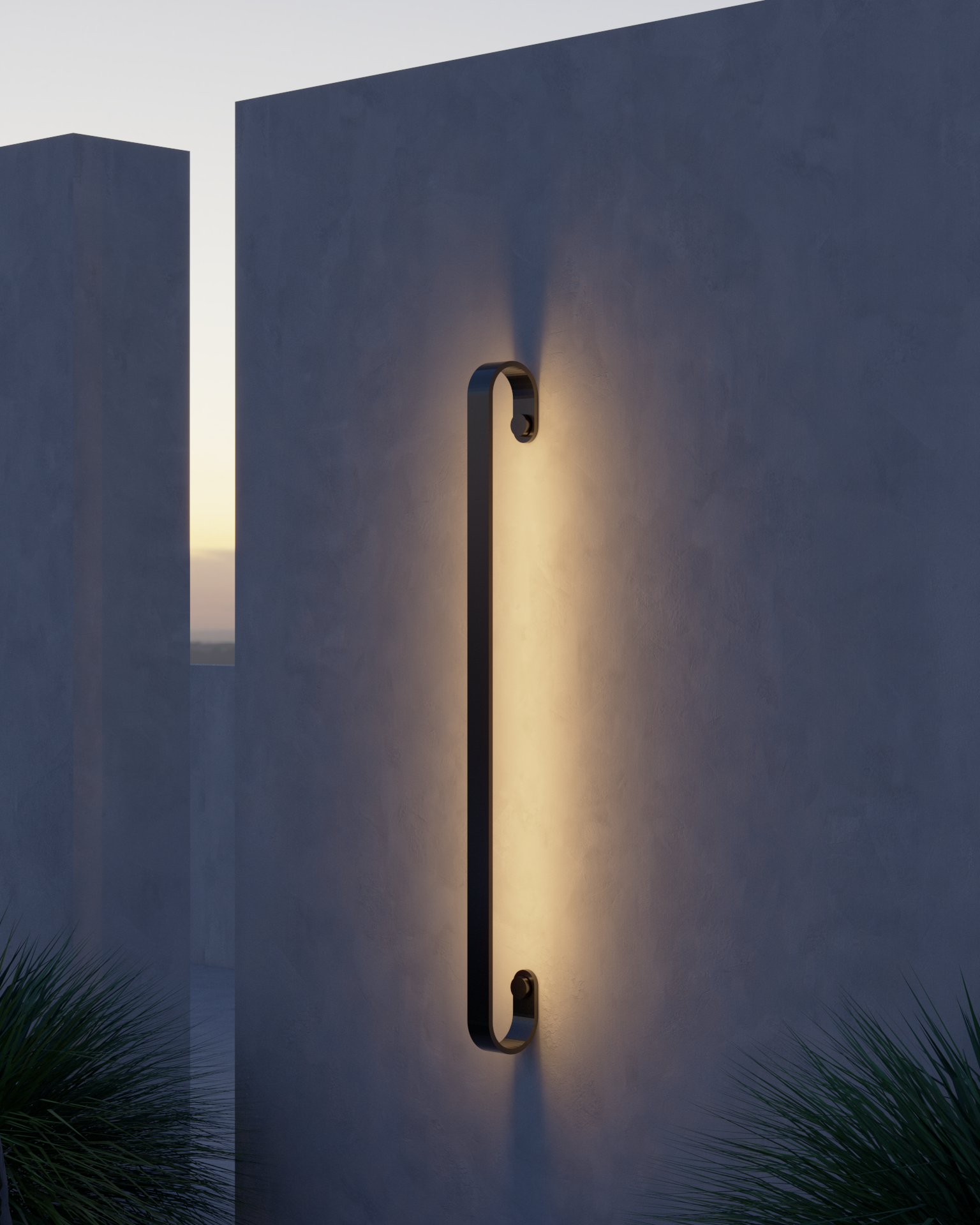 Arandela moderna preta de 116cm instalada em parede externa, emitindo luz suave e decorativa, ideal para áreas externas e internas, resistente à chuva.